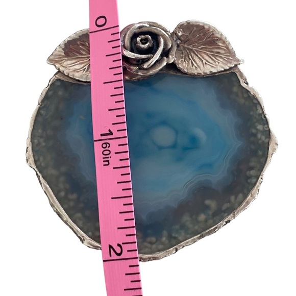 Artist made aqua blue pendant and brooch Sterling silver agate slab rose - Picture 10 of 11